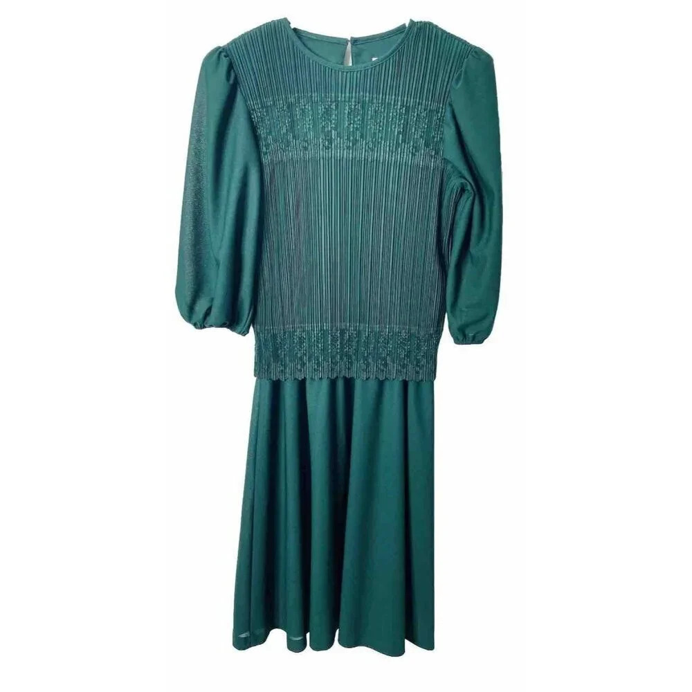 Vintage Good Times Dress 10P Blouson Green Midi Crinkle Pleated Lace 80s Retro